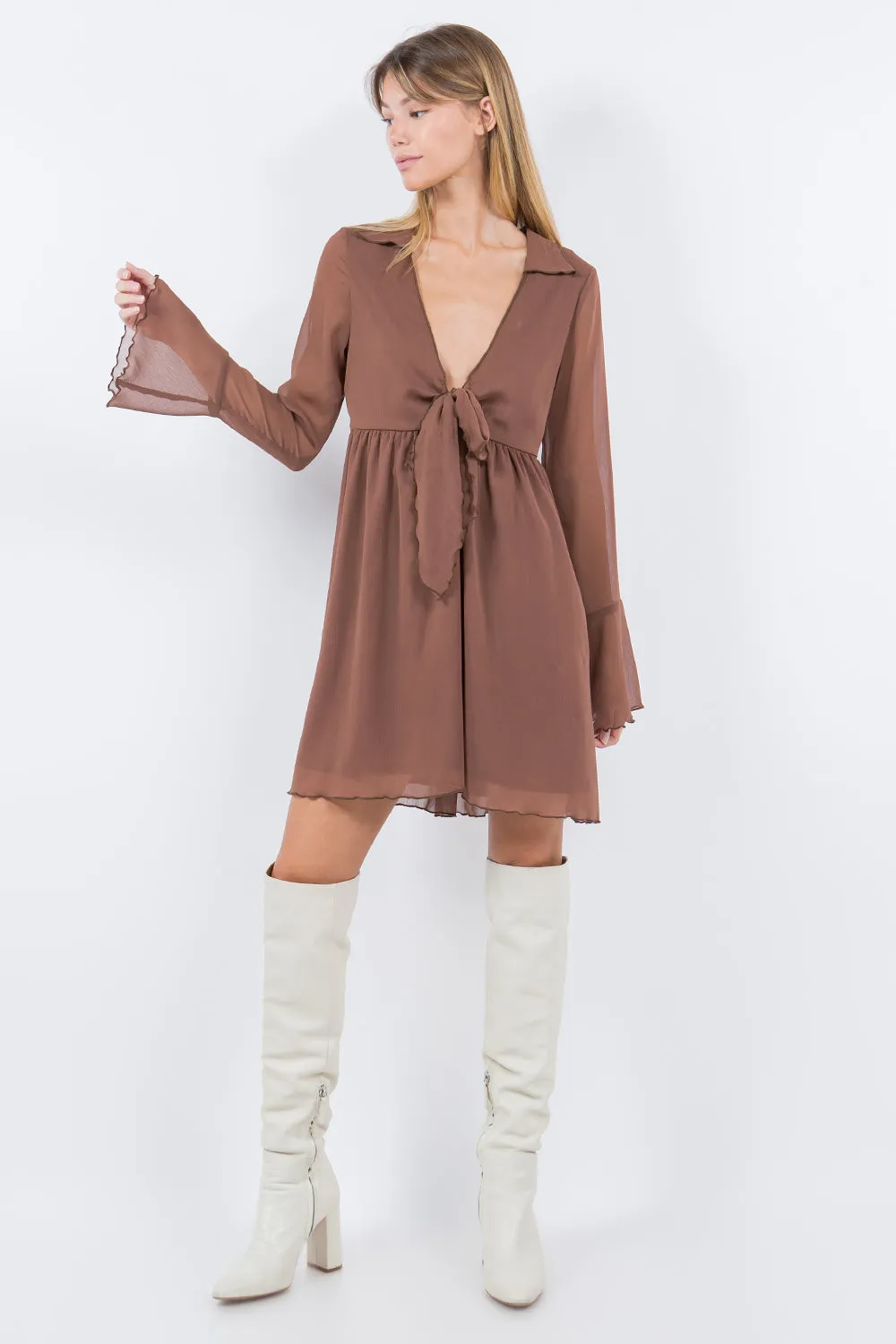 FRONT TIE DETAIL CHIFFON DRESS BROWN