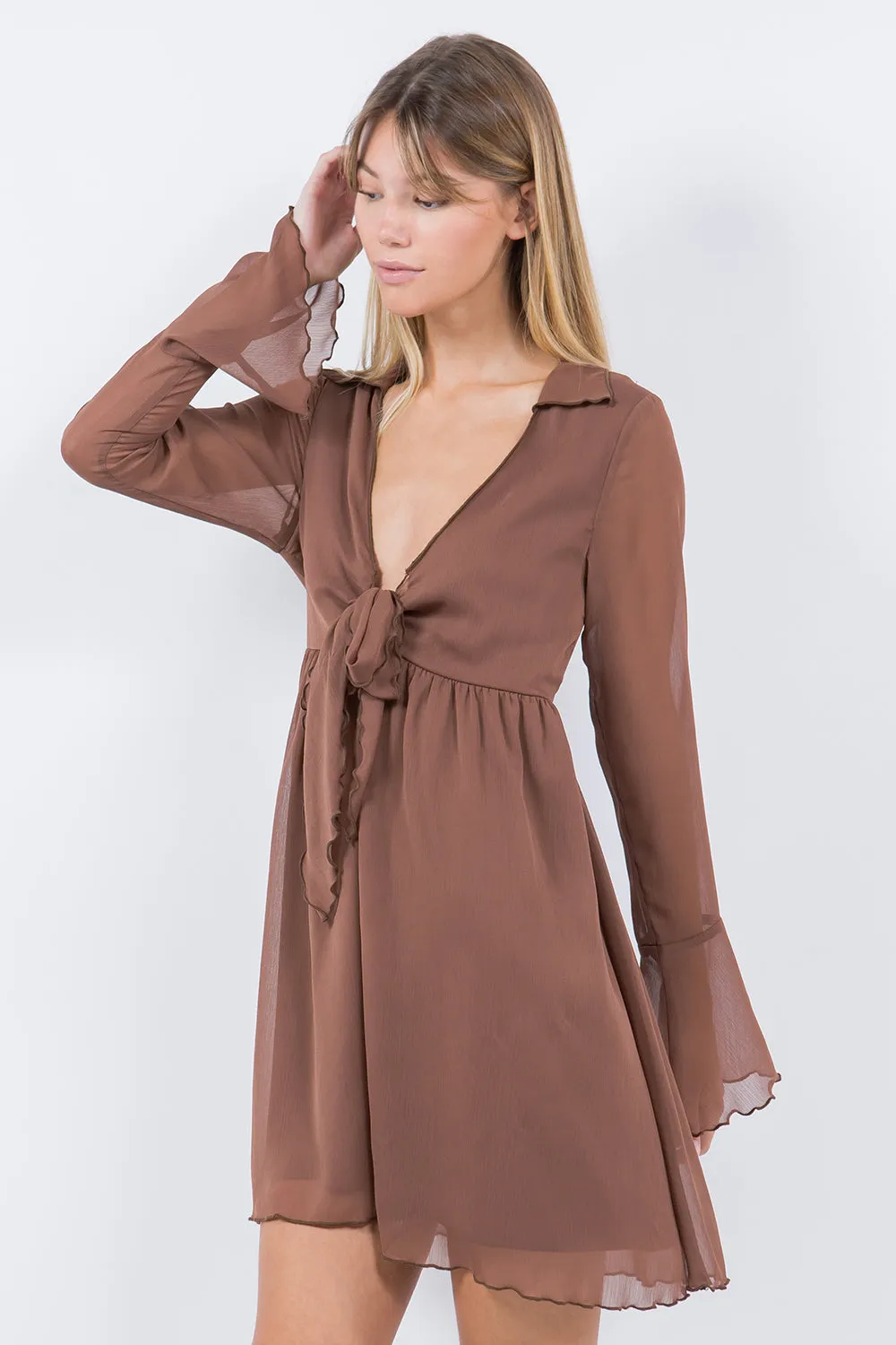 FRONT TIE DETAIL CHIFFON DRESS BROWN