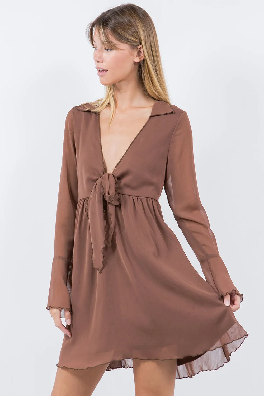 FRONT TIE DETAIL CHIFFON DRESS BROWN