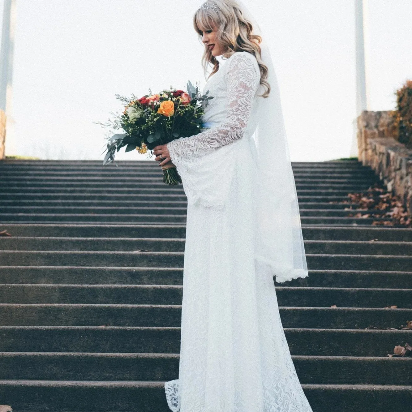 Full Lace Bell Sleeves Wedding Maxi Dress in Ivory 1167
