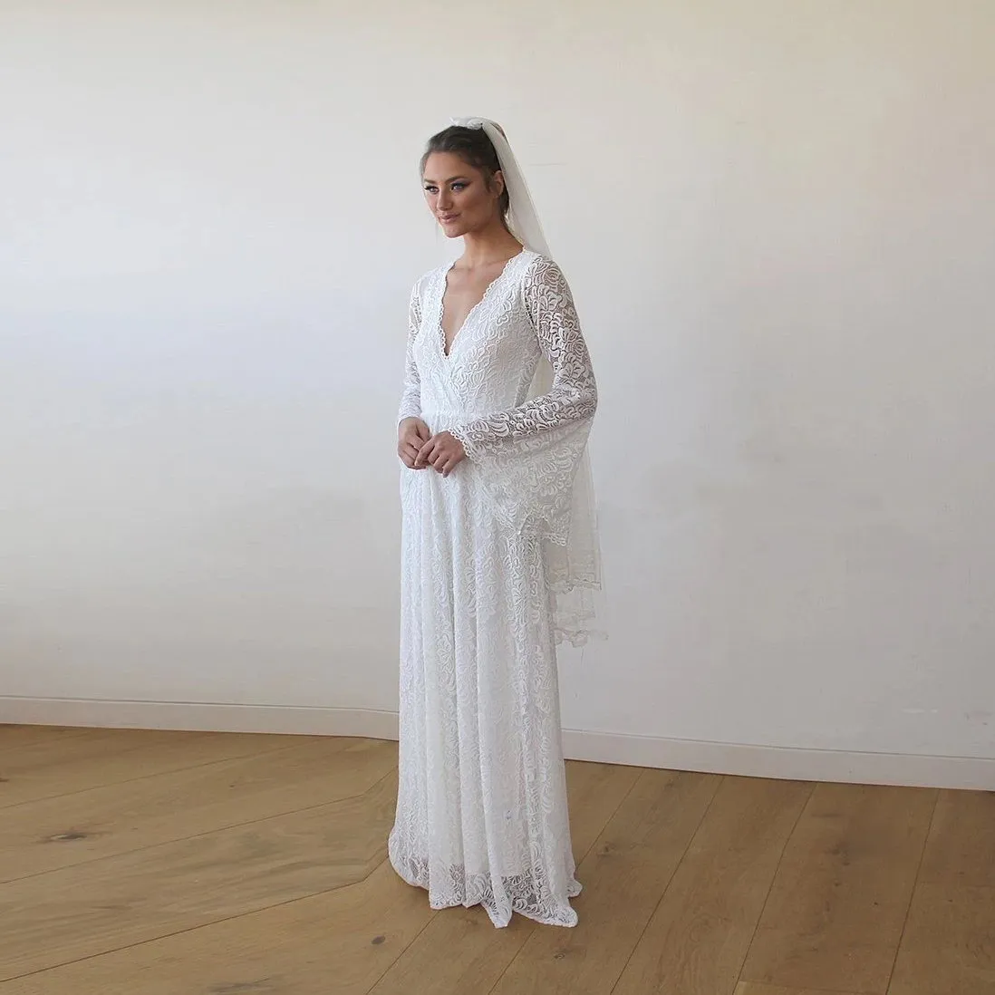 Full Lace Bell Sleeves Wedding Maxi Dress in Ivory 1167