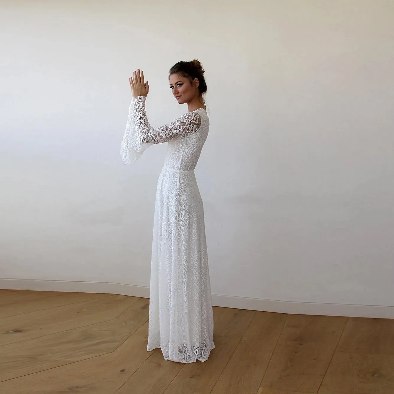 Full Lace Bell Sleeves Wedding Maxi Dress in Ivory 1167