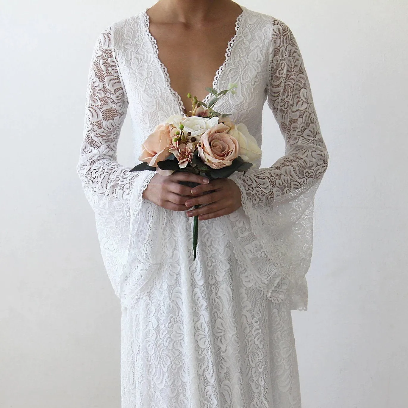 Full Lace Bell Sleeves Wedding Maxi Dress in Ivory 1167