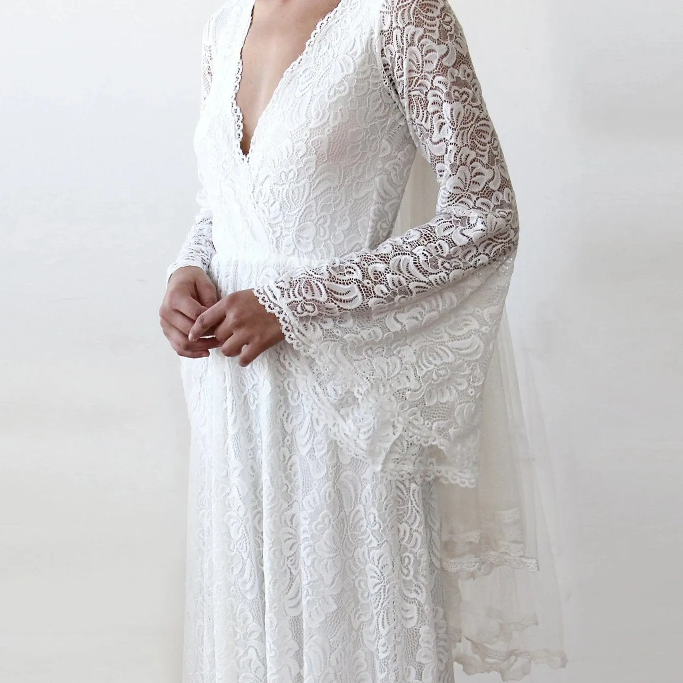 Full Lace Bell Sleeves Wedding Maxi Dress in Ivory 1167