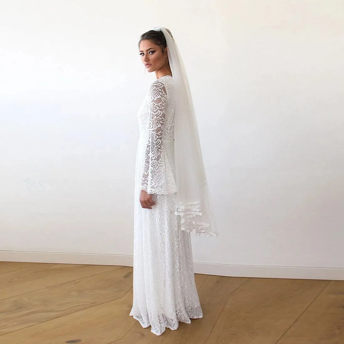 Full Lace Bell Sleeves Wedding Maxi Dress in Ivory 1167