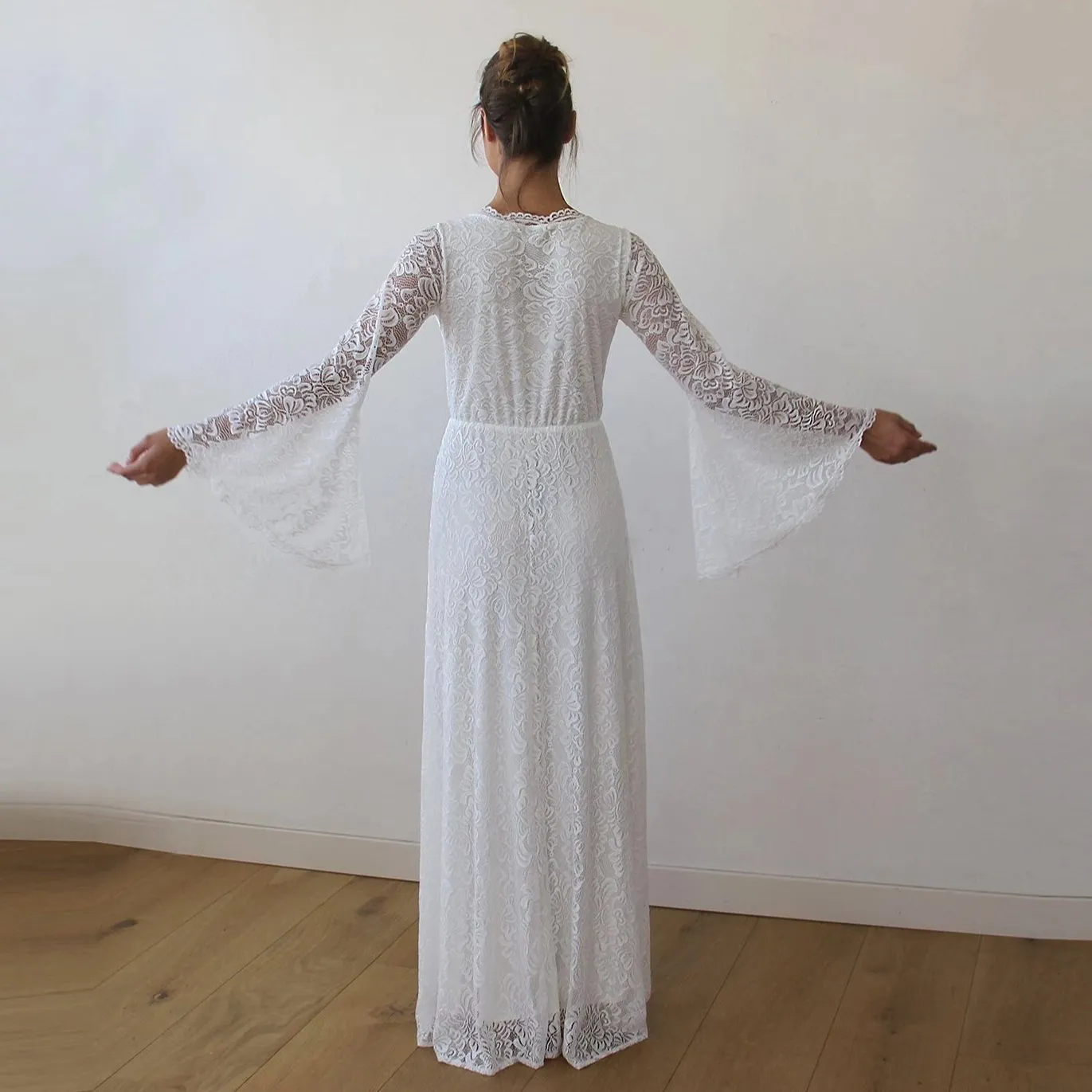Full Lace Bell Sleeves Wedding Maxi Dress in Ivory 1167