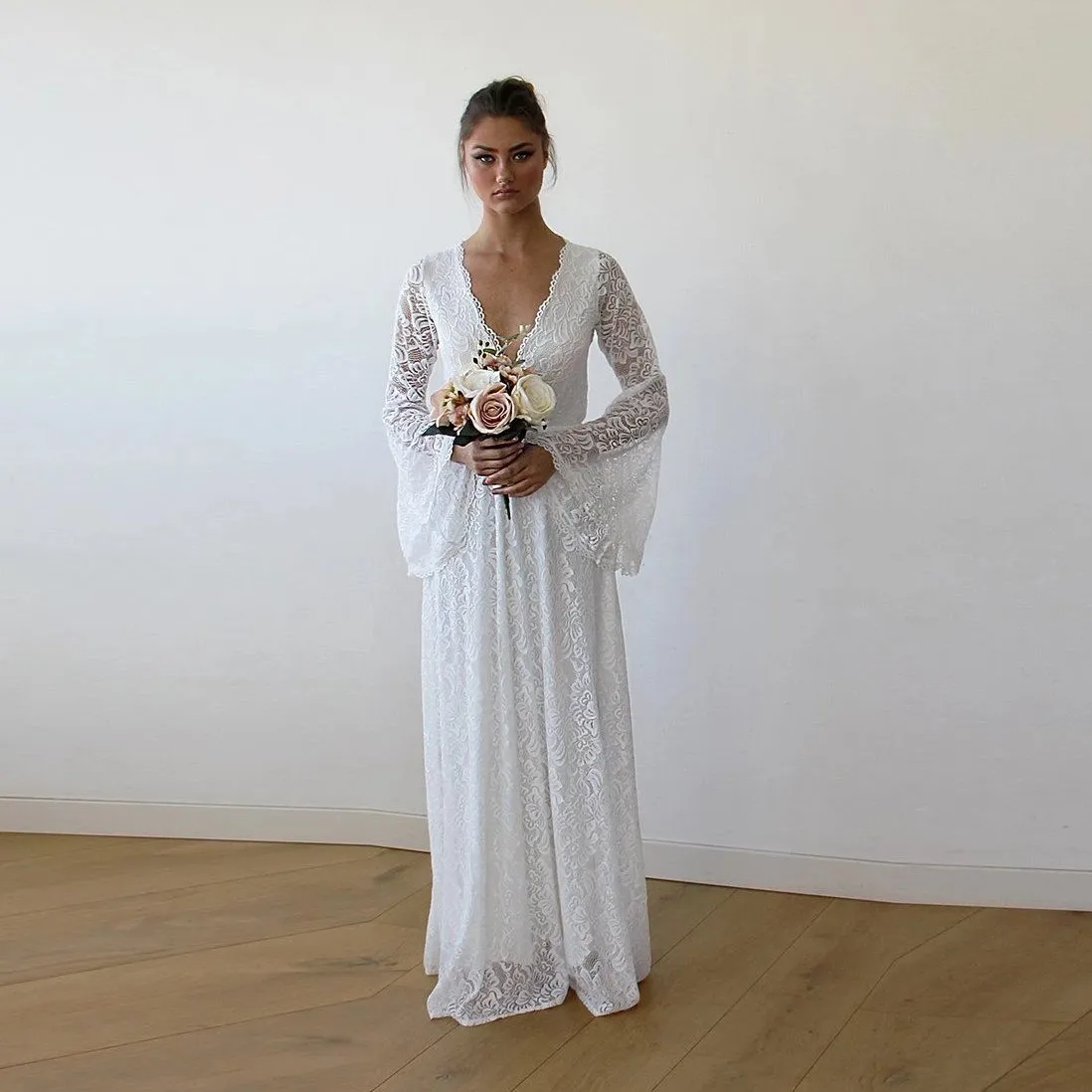 Full Lace Bell Sleeves Wedding Maxi Dress in Ivory 1167