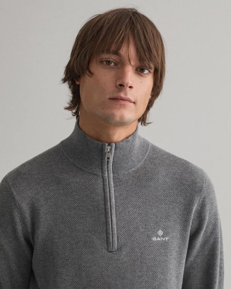Gant Apparel Mens COTTON PIQUE HALF ZIP 92/DARK GREY MELANGE