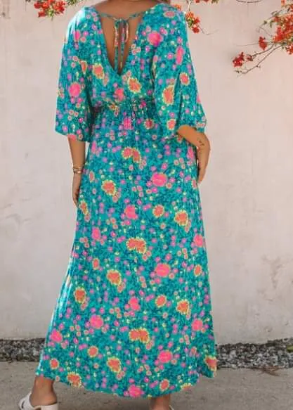 Green Boho V Neck Dress