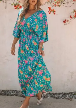 Green Boho V Neck Dress
