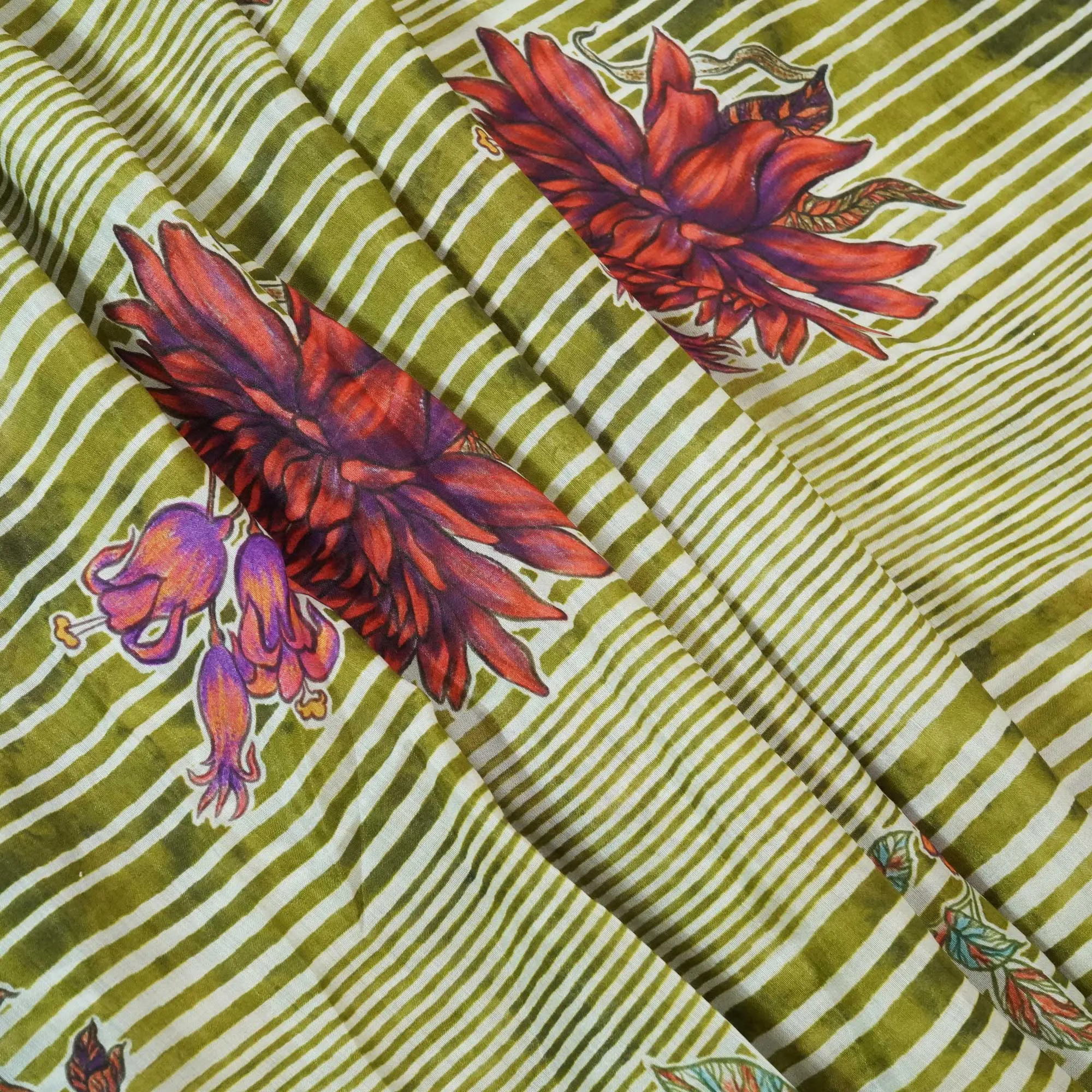 Green Floral Print Muslin Fabric GT-24684