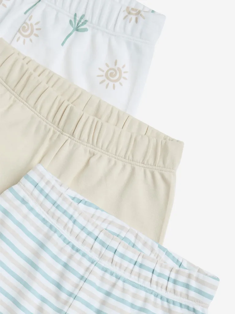 HOP Baby White Printed Cotton Mid-Rise Shorts - Pack of 3