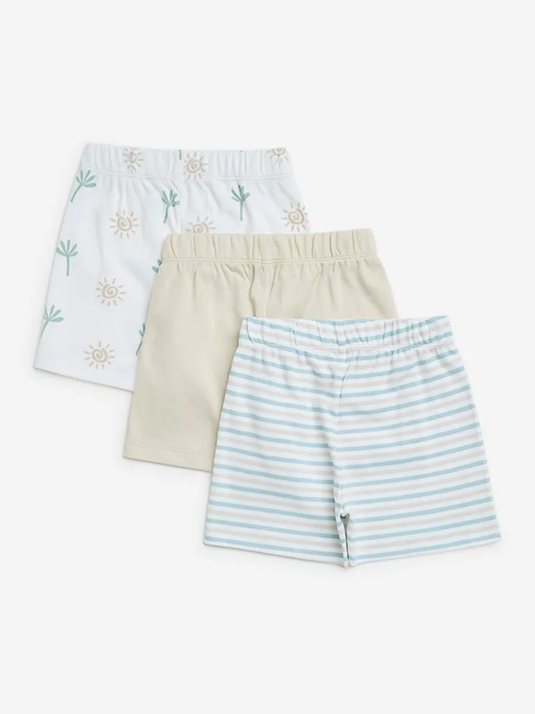 HOP Baby White Printed Cotton Mid-Rise Shorts - Pack of 3