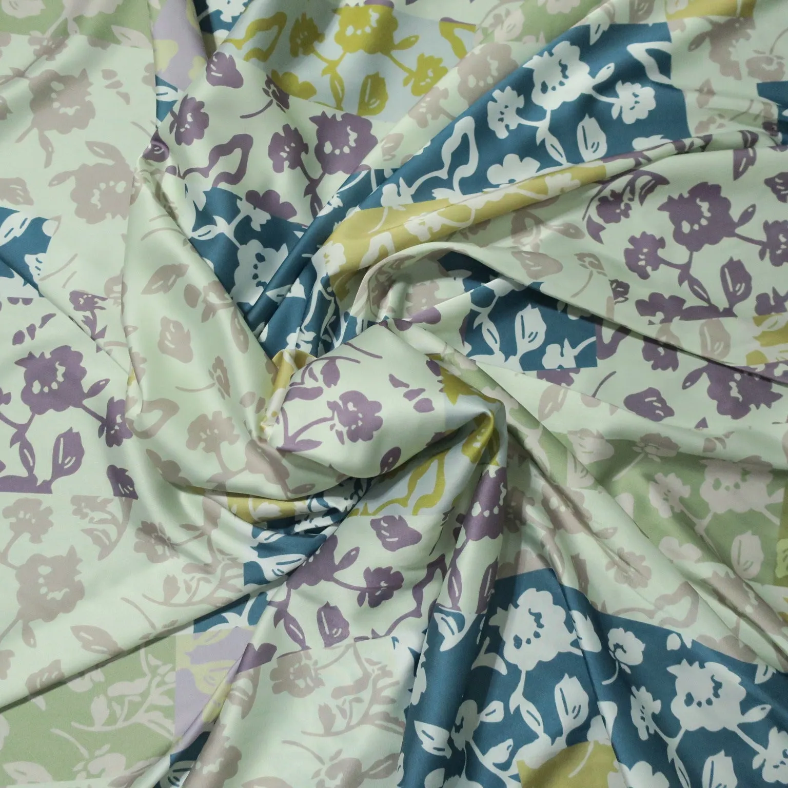 Ivory and Teal Floral Charmeuse Polyester Fabric