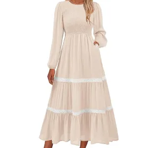KIRUNDO Womens Fall Dresses 2024 Long Sleeve Wedding Guest Smocked Tiered Lace Trim Boho Flowy Long Dress with Pockets(Beige White, Large)