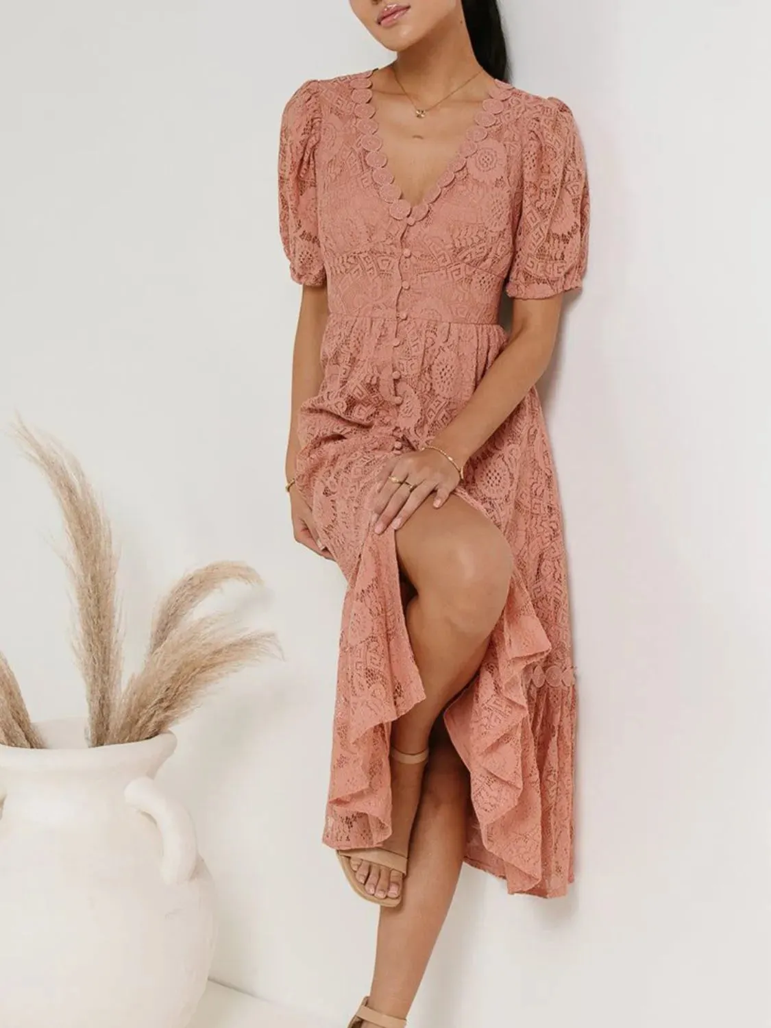 Lace V-Neck Short Sleeve Dress
