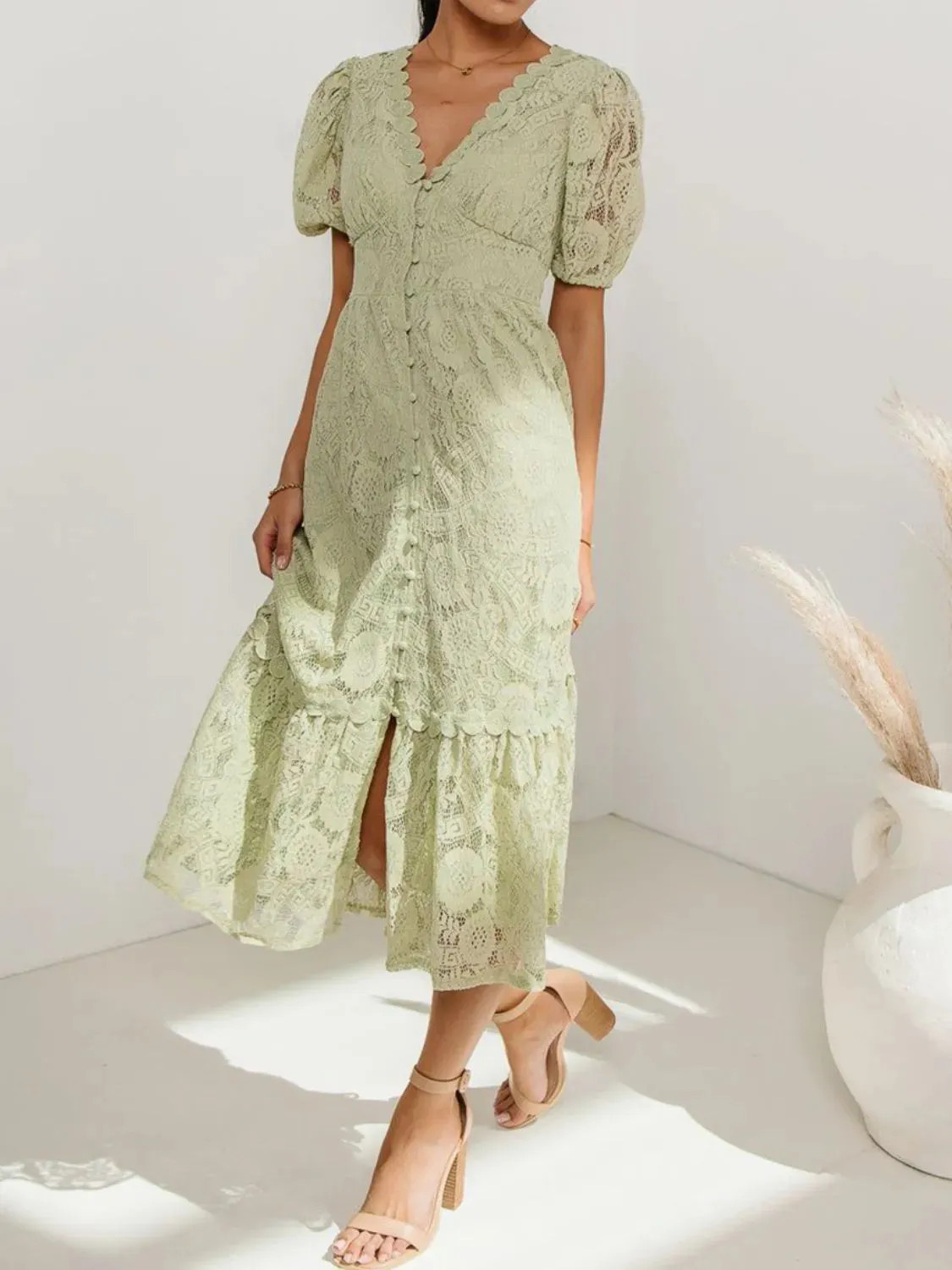 Lace V-Neck Short Sleeve Dress