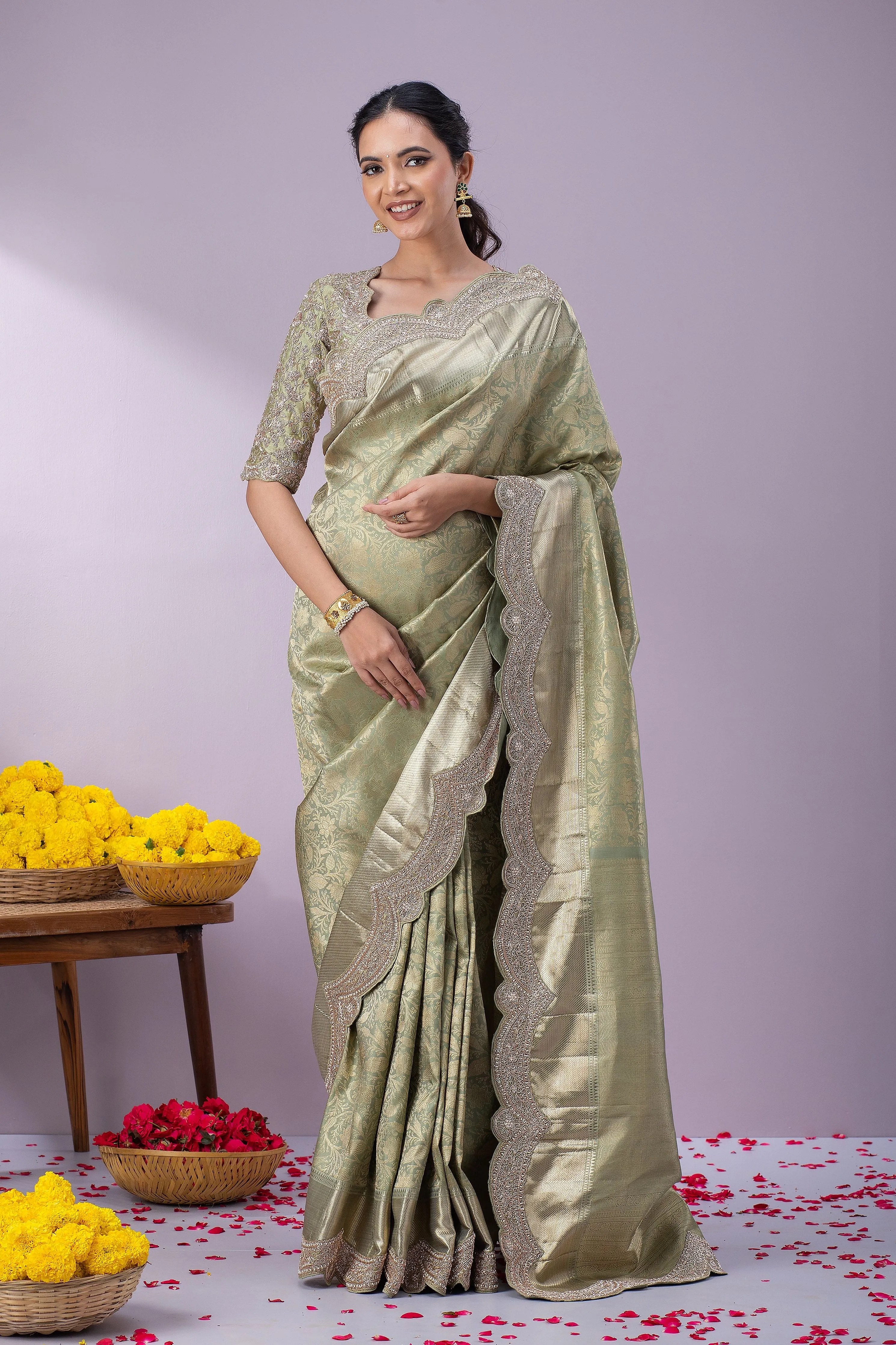Light Olive Green Kanchipuram Silk Saree