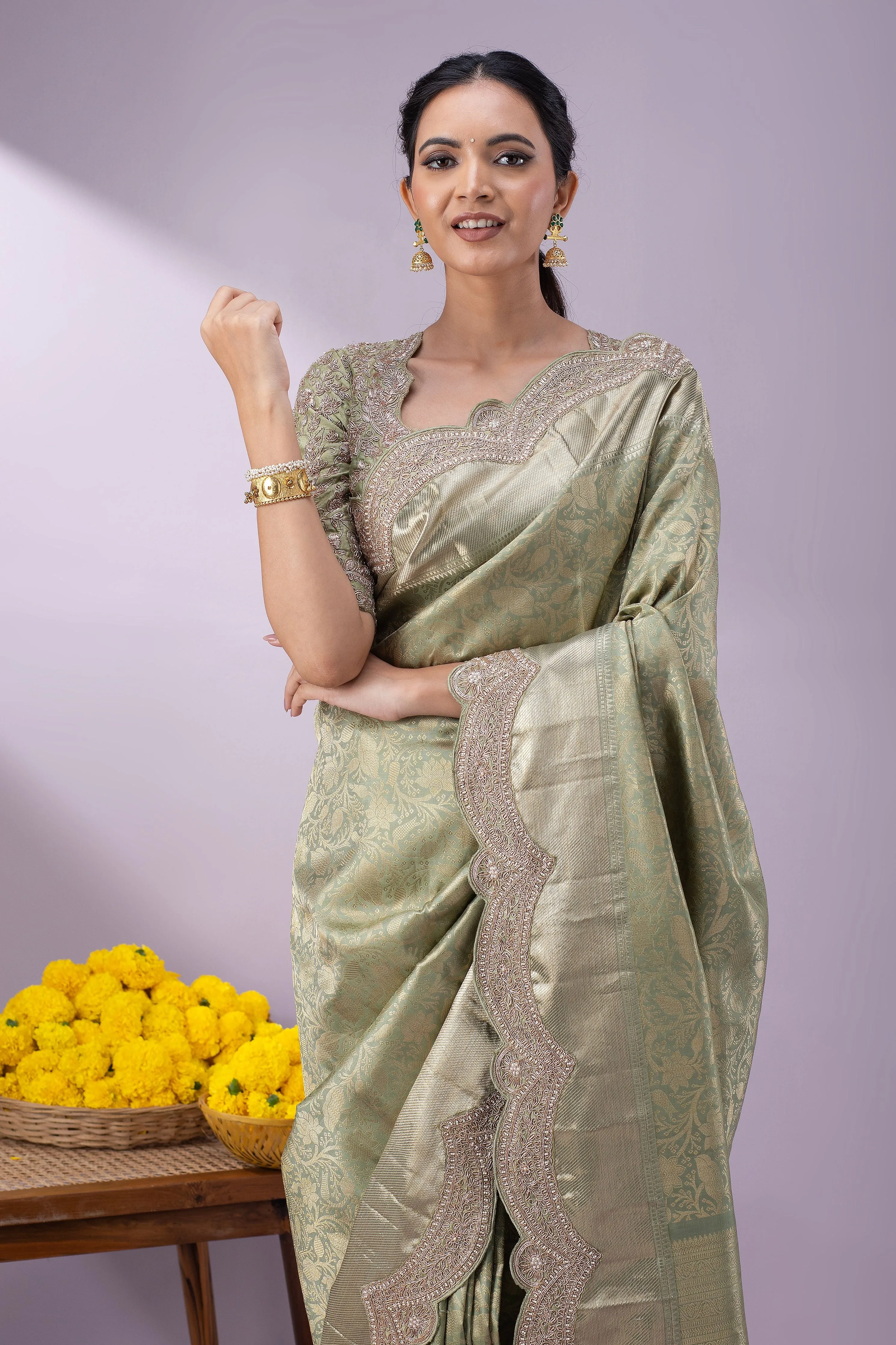 Light Olive Green Kanchipuram Silk Saree