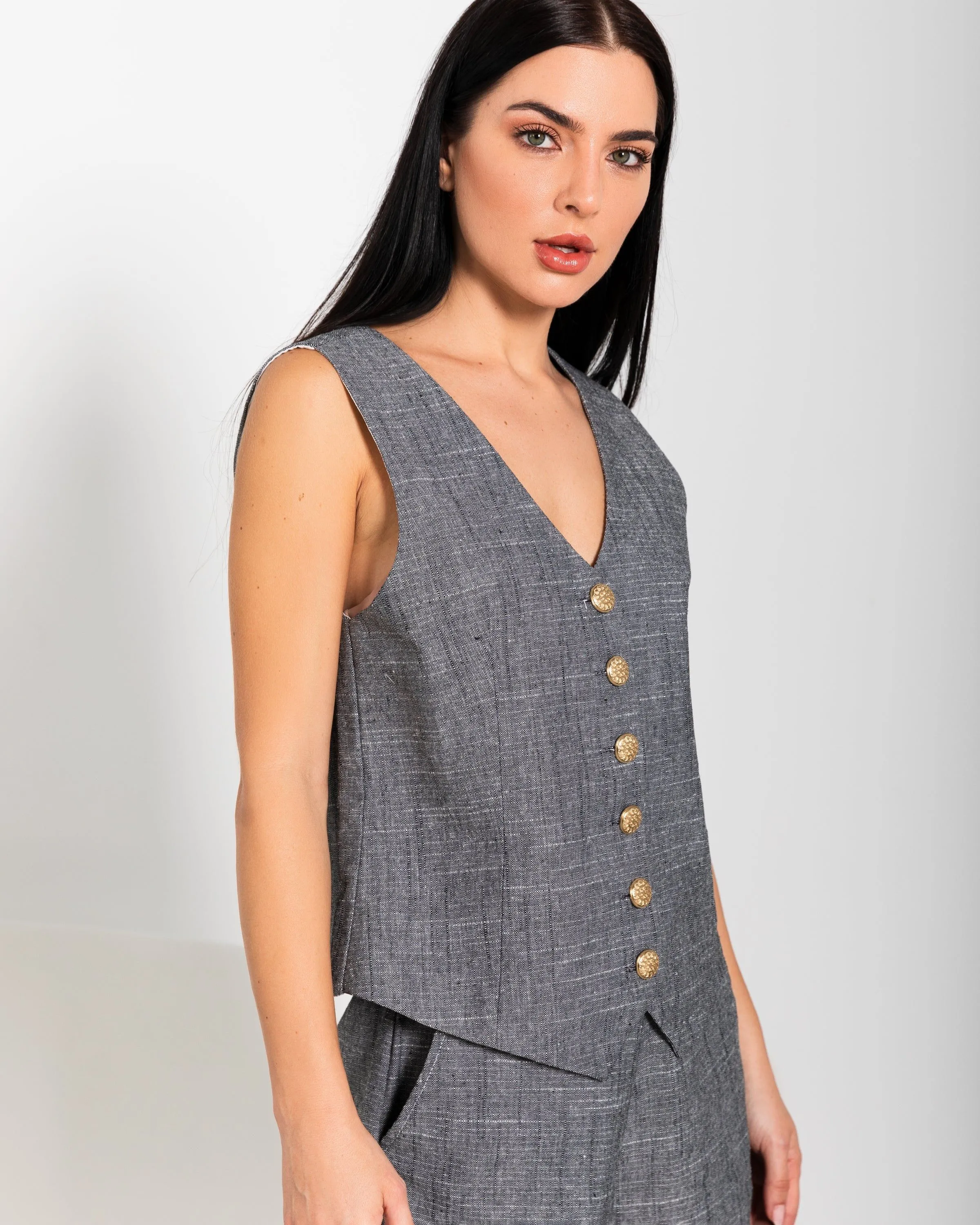 LINEN SHORTS & RELAXED WAISTCOAT CO-ORD - CHARCOAL
