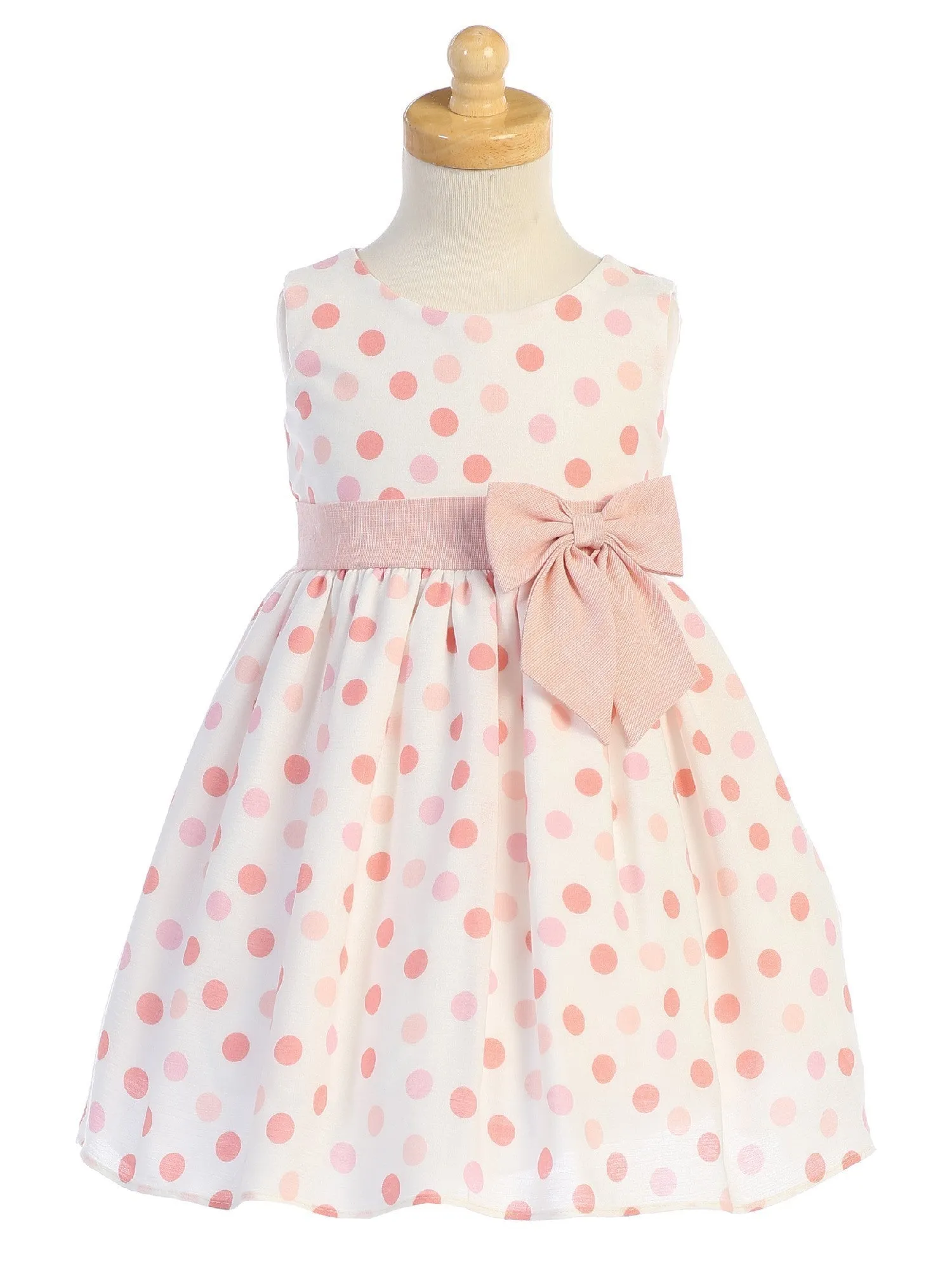 Little Girls Peach Polka Dots Bow Sleeveless Rayon Easter Dress 2T-6