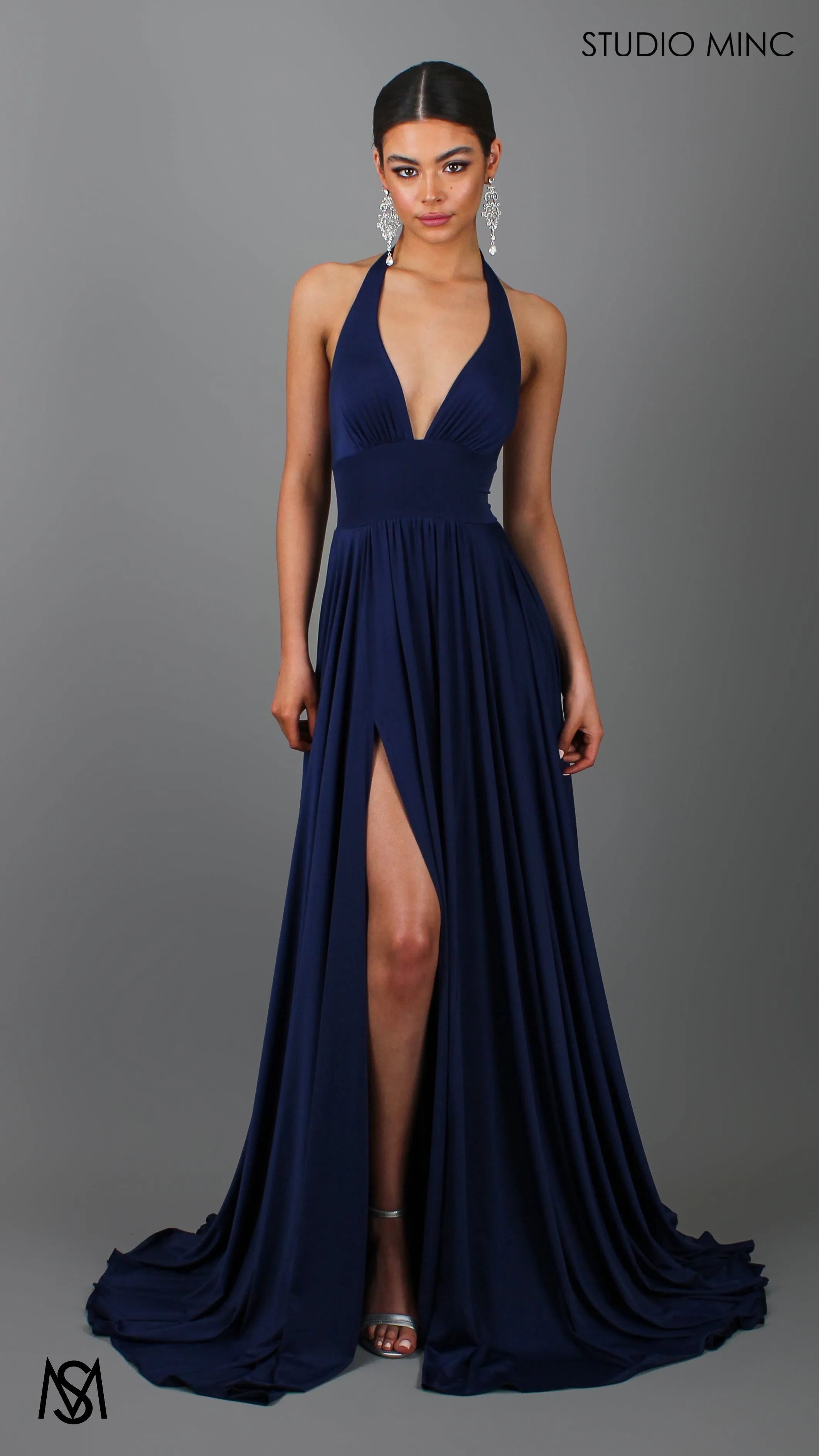 LOVE - Navy Blue Flowy Formal Dress with Plunge Neckline & Leg Split