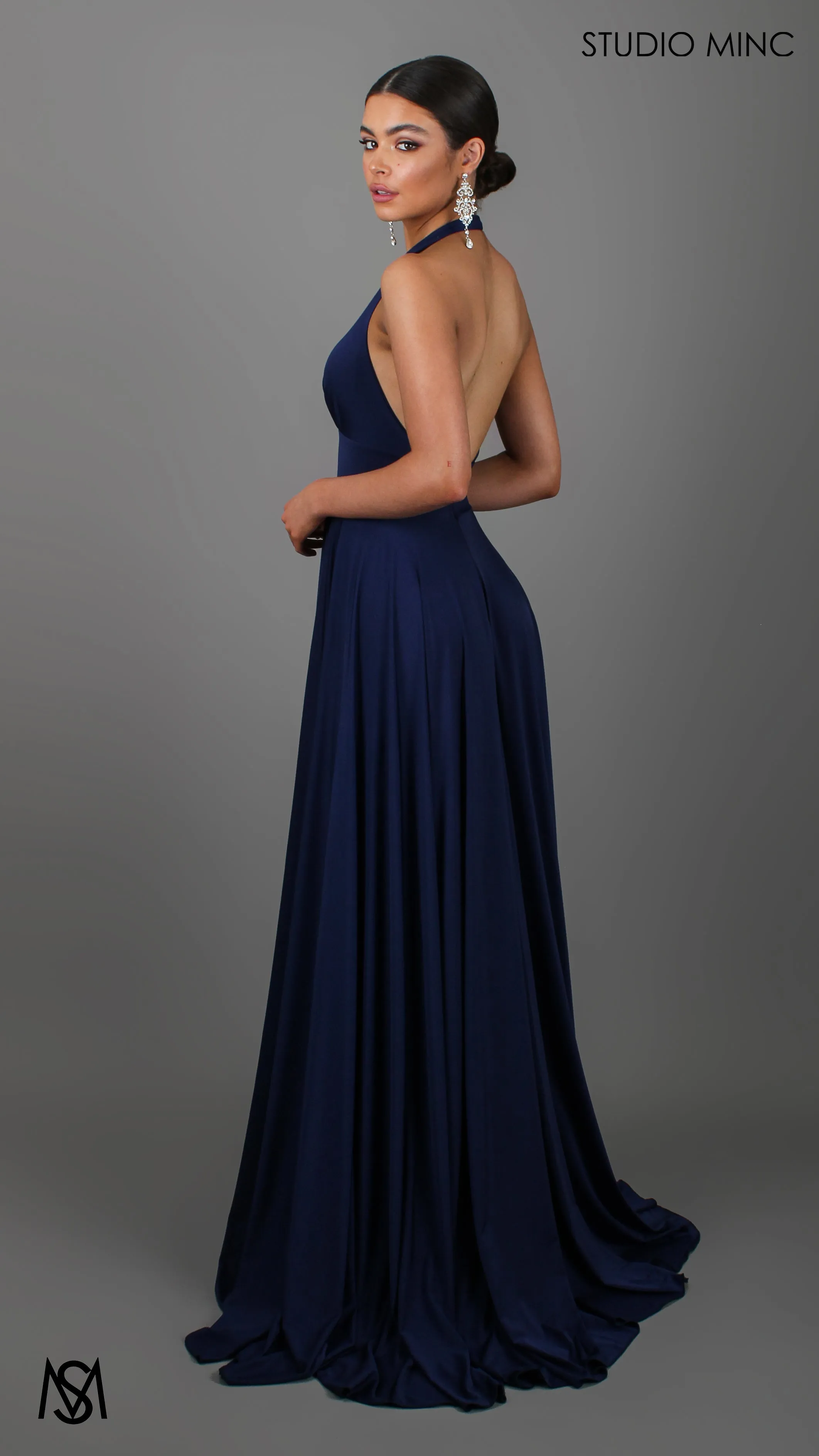 LOVE - Navy Blue Flowy Formal Dress with Plunge Neckline & Leg Split
