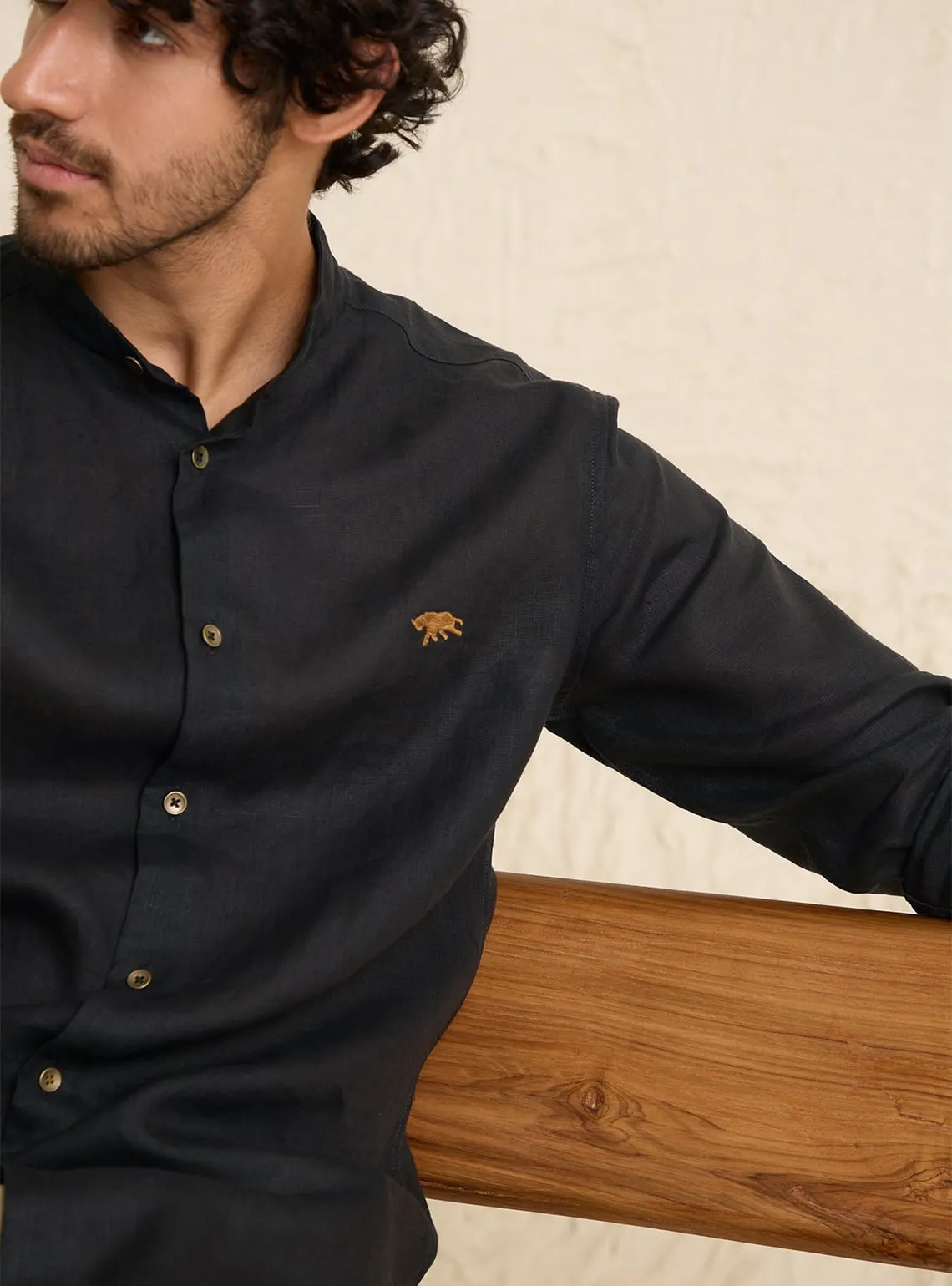 Mandarin Black Charcoal Linen Shirt