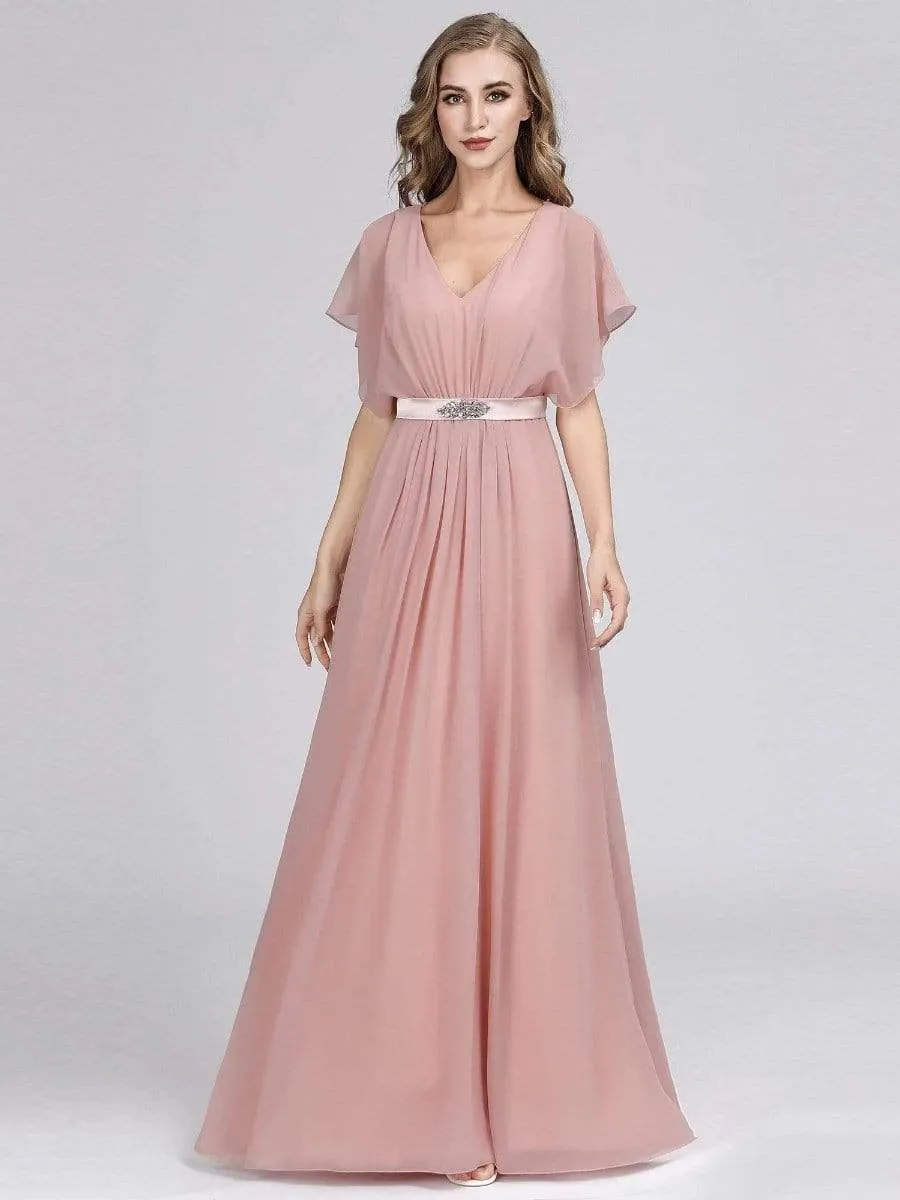 Maxi Long Flowy Chiffon Evening Dress with Short Sleeve