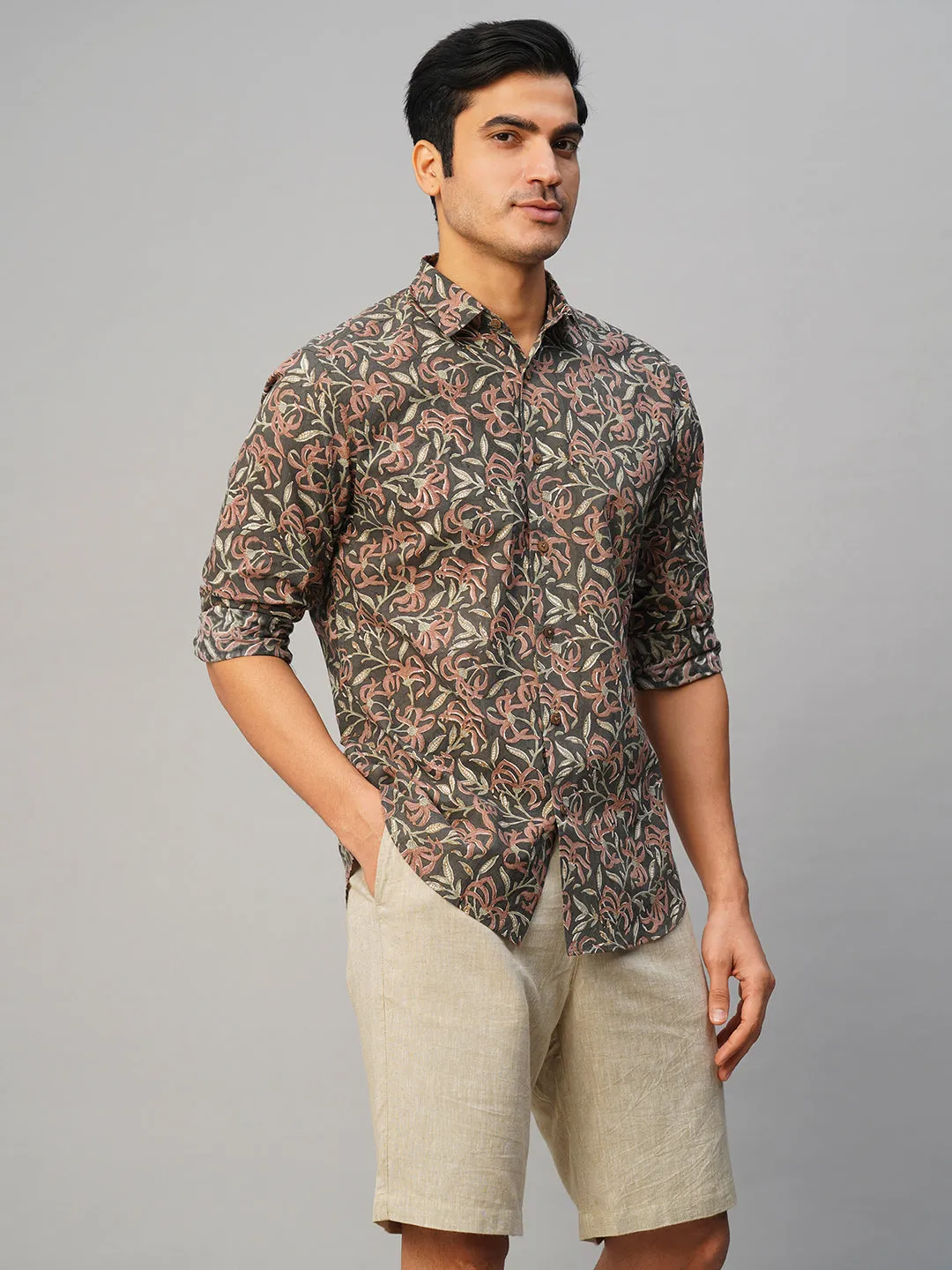 Men's Cotton Hand Block Printed Slim Fit Grey Shirt