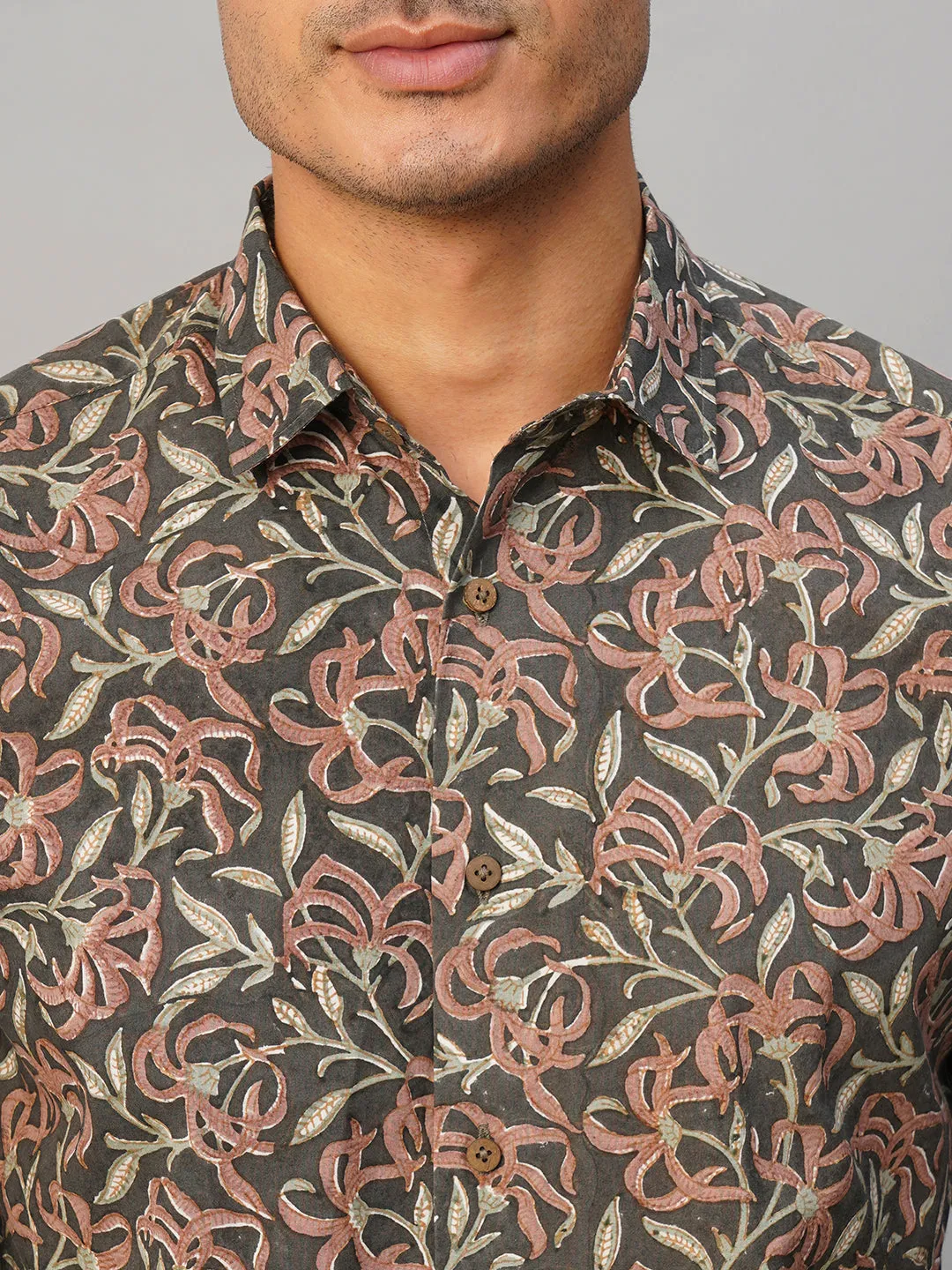 Men's Cotton Hand Block Printed Slim Fit Grey Shirt