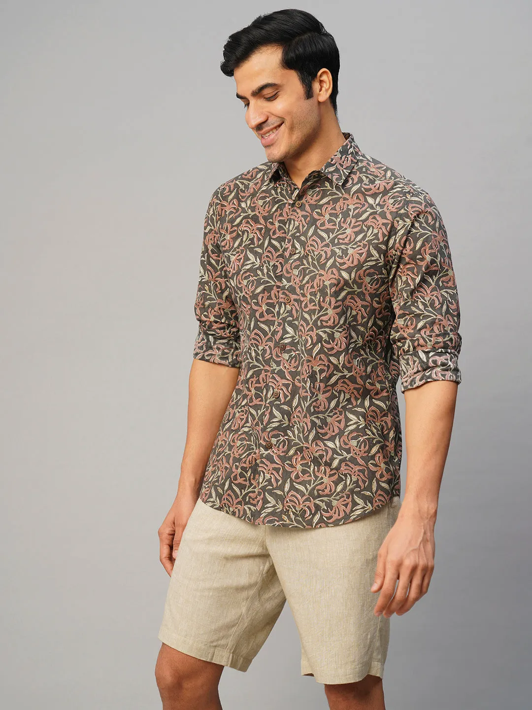 Men's Cotton Hand Block Printed Slim Fit Grey Shirt