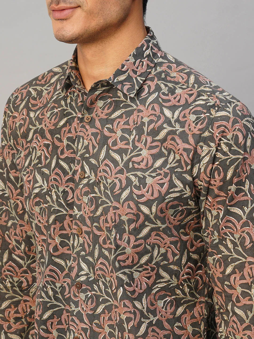 Men's Cotton Hand Block Printed Slim Fit Grey Shirt