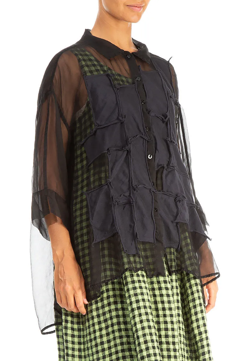 Patch Décor Black Silk Chiffon Shirt