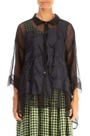 Patch Décor Black Silk Chiffon Shirt