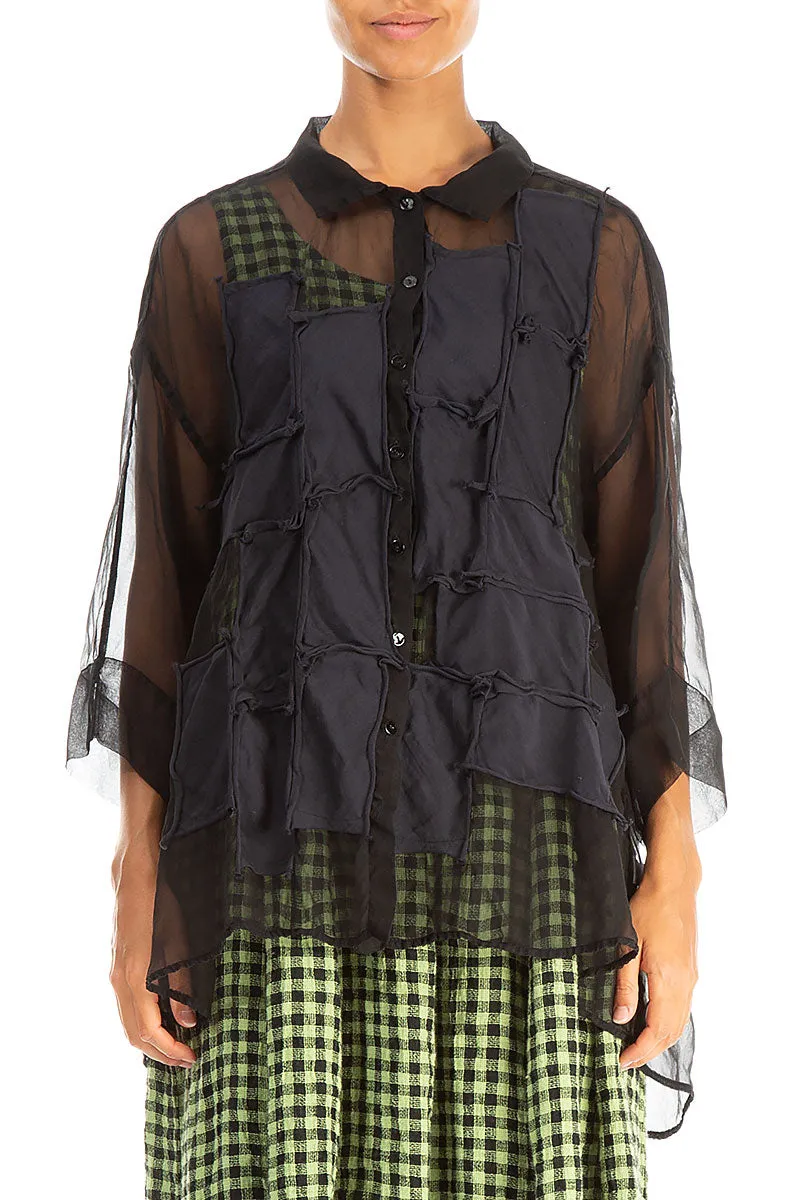 Patch Décor Black Silk Chiffon Shirt