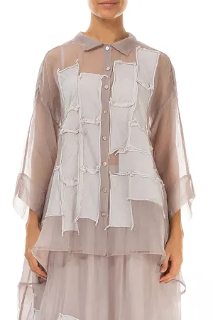 Patch Décor Greige Silk Chiffon Shirt