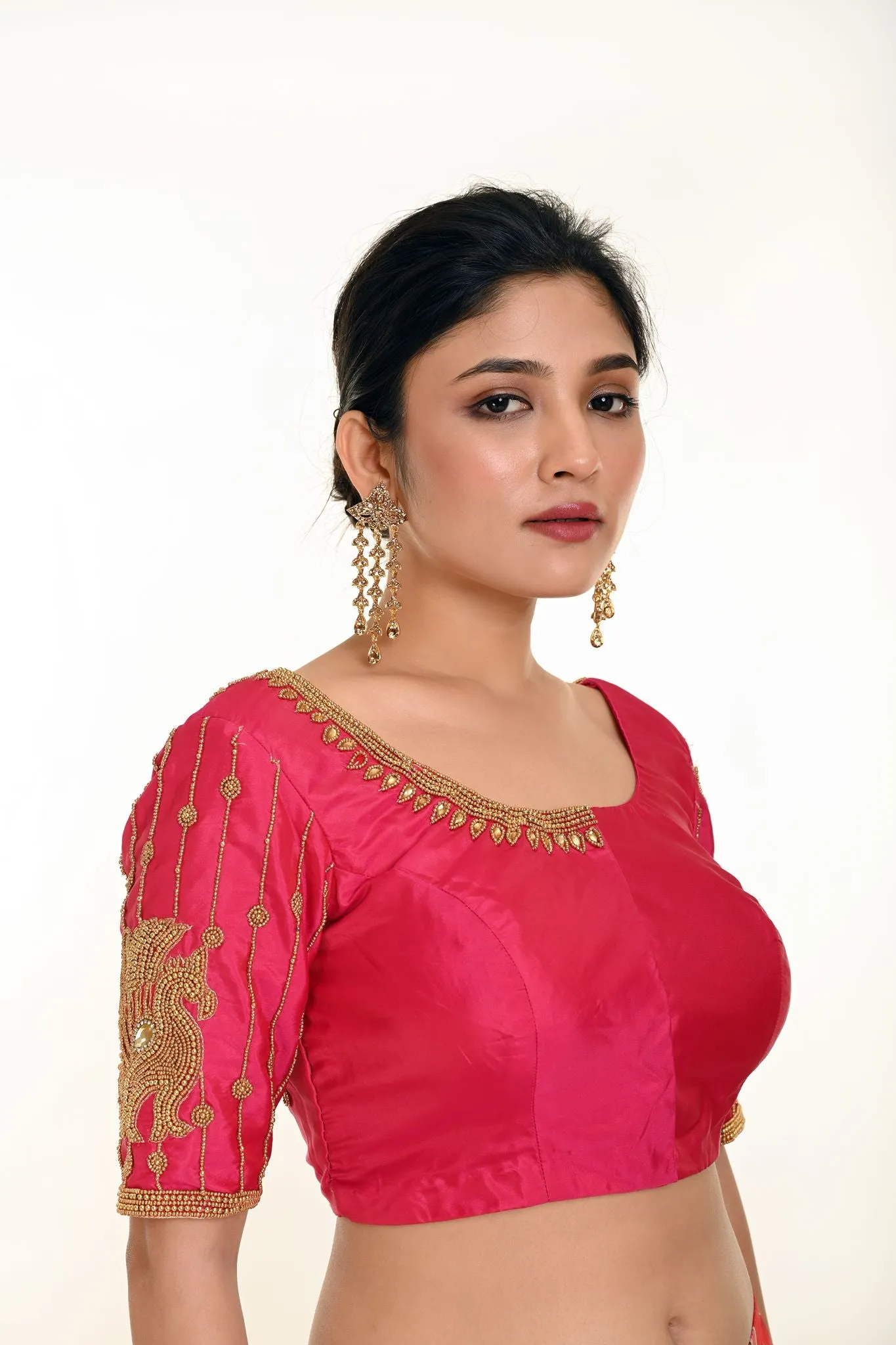 Pink Aari Work Bridal Blouse In Pure Silk with U-Neckline and Elbow Length Sleeves
