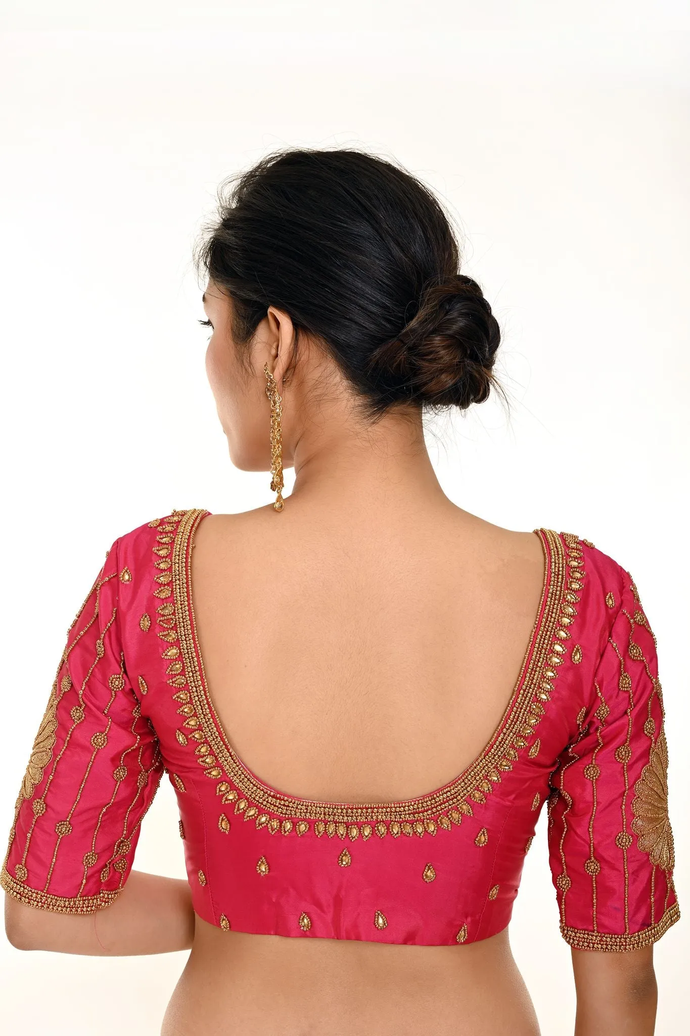 Pink Aari Work Bridal Blouse In Pure Silk with U-Neckline and Elbow Length Sleeves