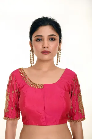 Pink Aari Work Bridal Blouse In Pure Silk with U-Neckline and Elbow Length Sleeves