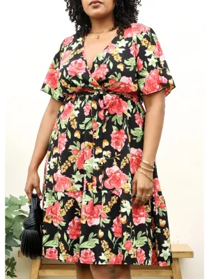 Plus Size Tropical Floral Print Midi Dress