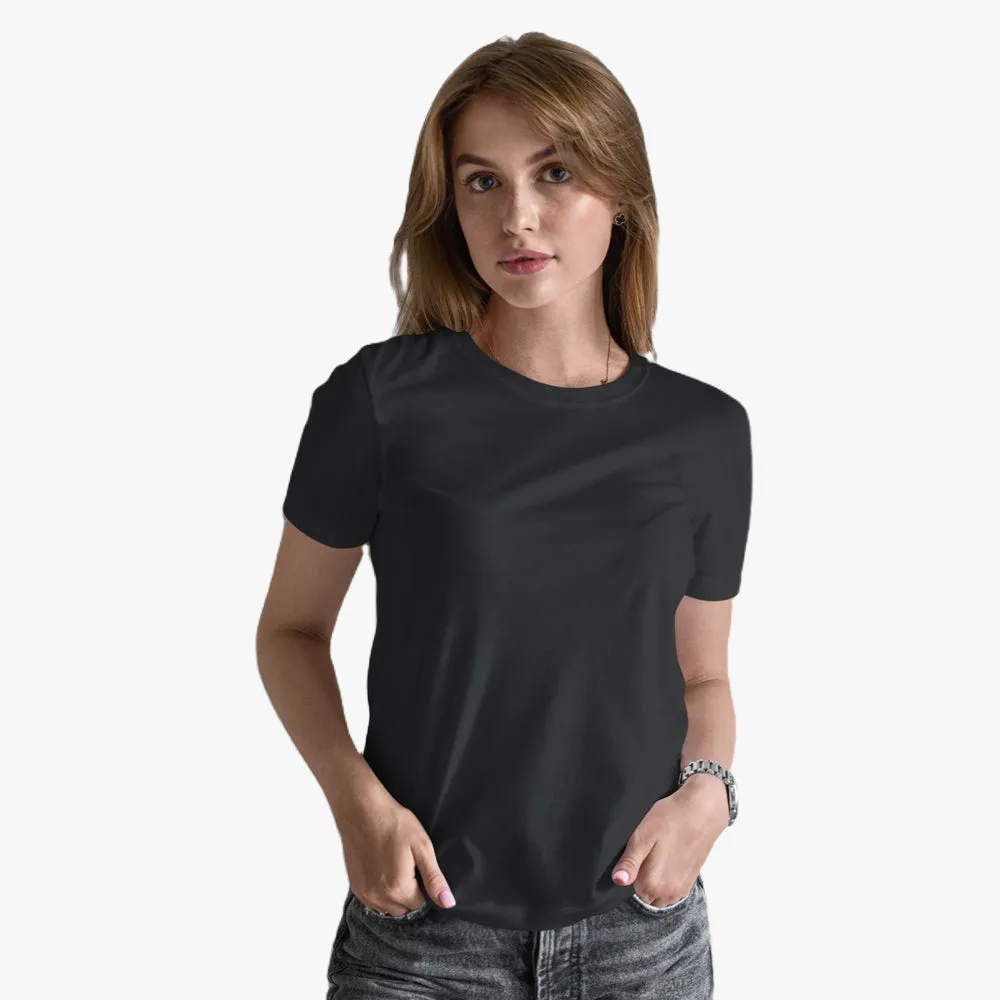 Polycotton Round Neck Plain Women T-shirt - Black