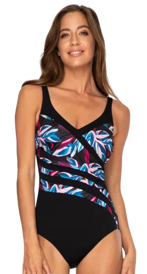 Poolproof Chlorine Resistant Art Leaf DD-E Cup Fit Wave Spliced One Piece Swimsuit - Black