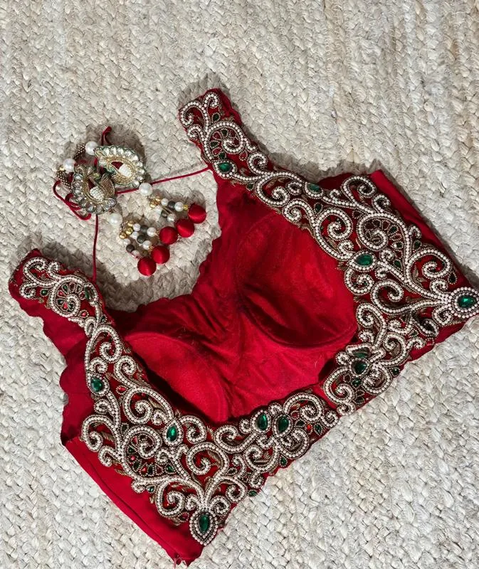 Red colour Blouse with Peark & Dabka Embroidery