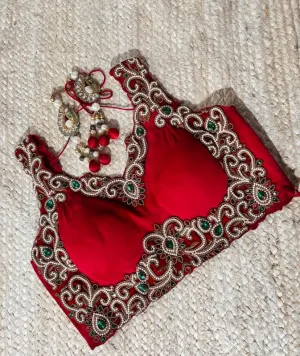 Red colour Blouse with Peark & Dabka Embroidery