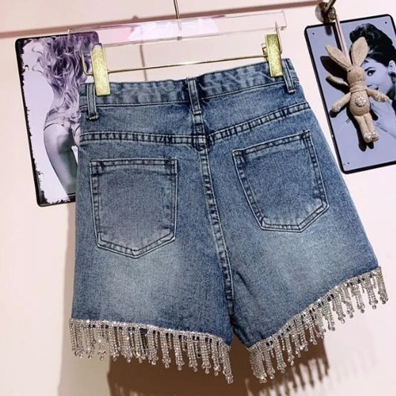 Rhinestone Fringed High Waist Tassled Cut Denim Shorts
