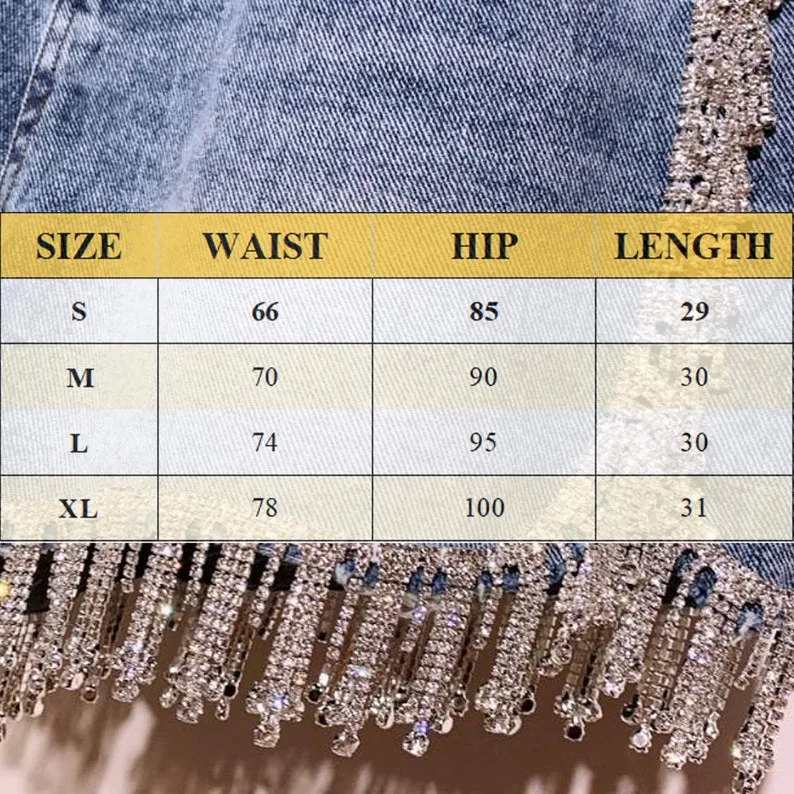Rhinestone Fringed High Waist Tassled Cut Denim Shorts