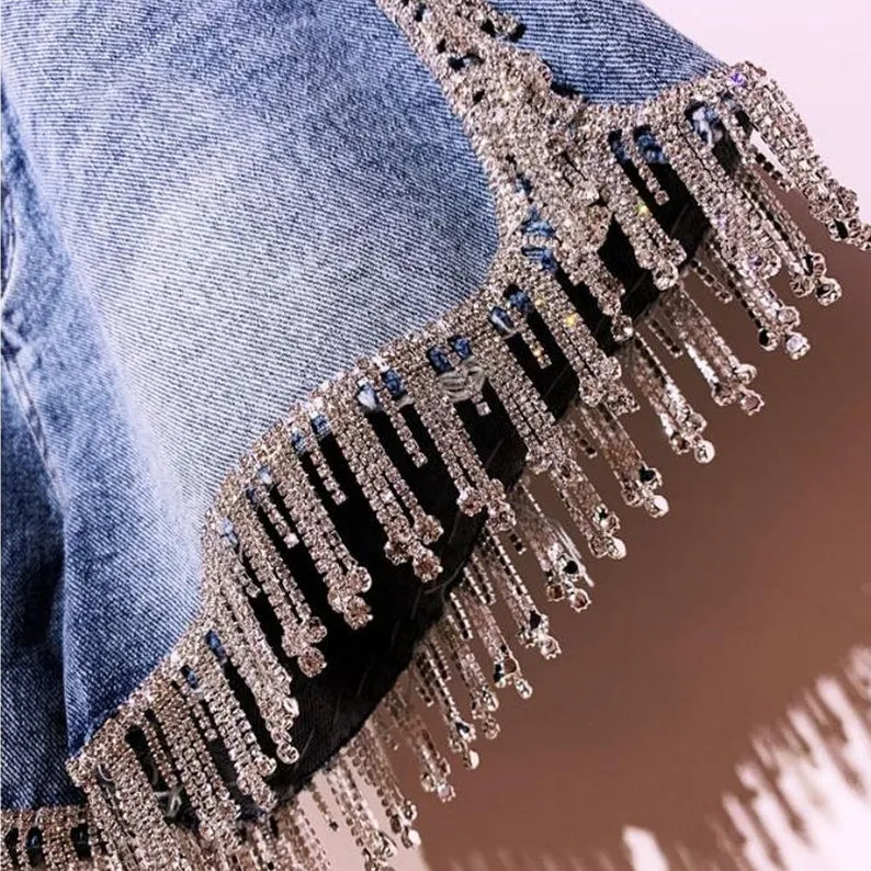 Rhinestone Fringed High Waist Tassled Cut Denim Shorts