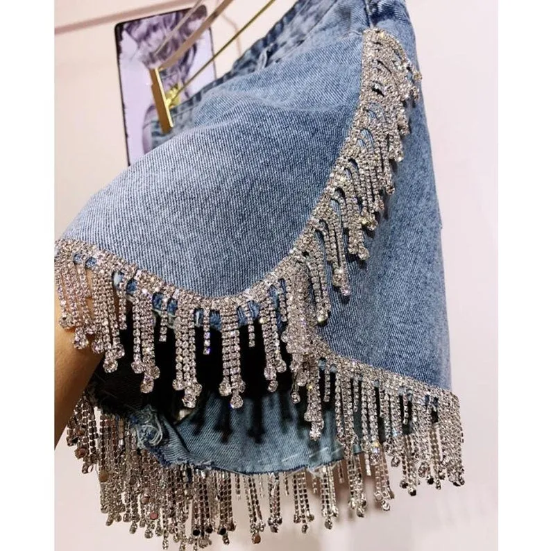 Rhinestone Fringed High Waist Tassled Cut Denim Shorts
