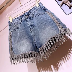 Rhinestone Fringed High Waist Tassled Cut Denim Shorts